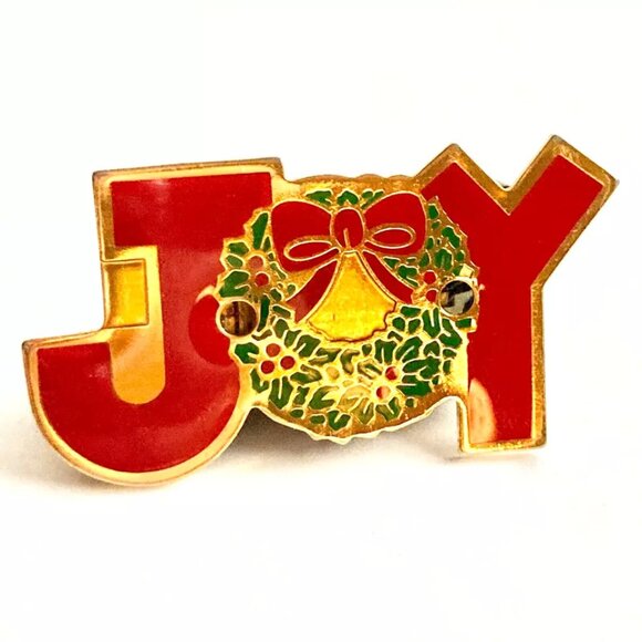 Vintage Christmas JOY Wreath Holly Tie Tac Lapel Pin Brooch Enamel Red Green - Picture 8 of 12